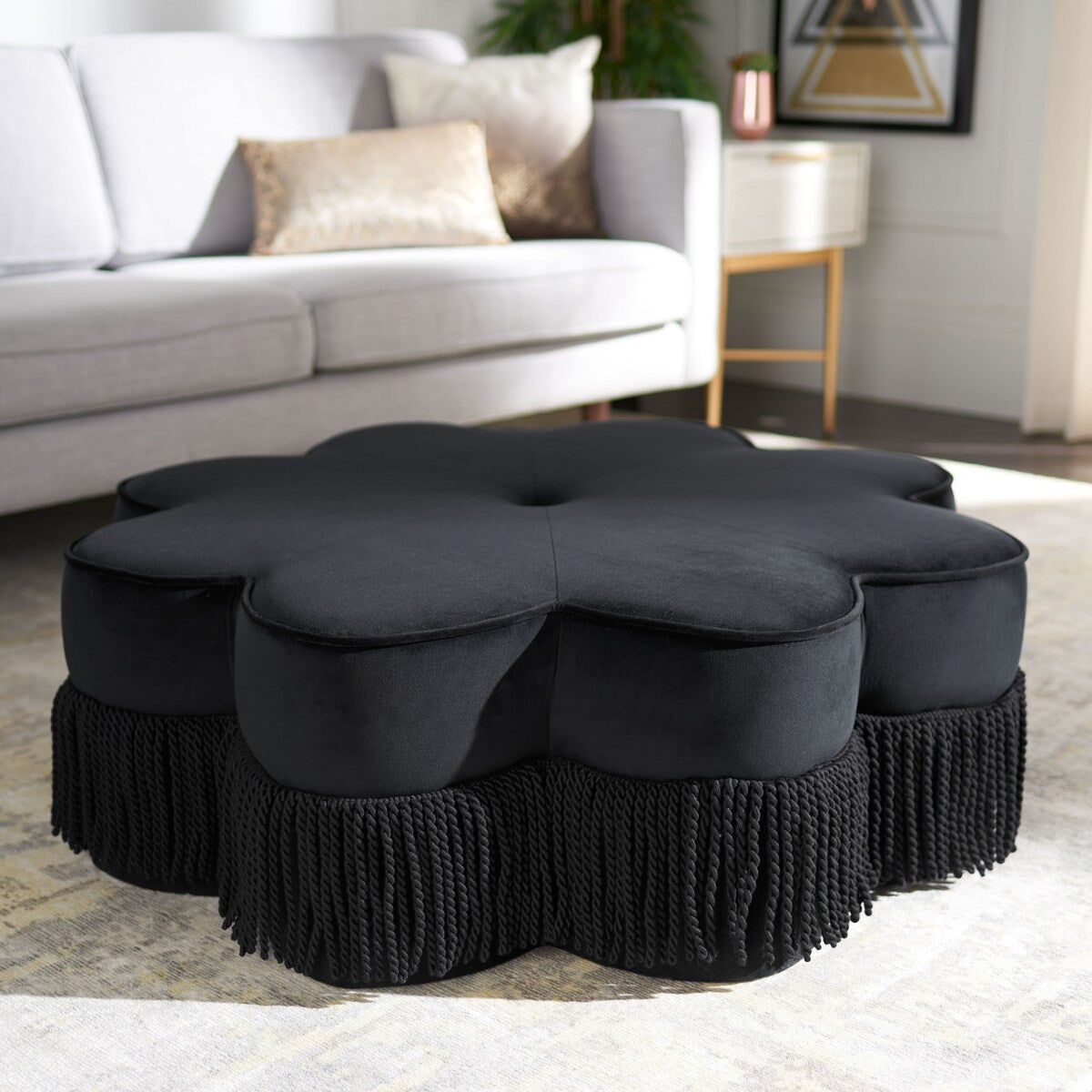 SAFAVIEH Katia Flower-Shaped Fringed Velvet Ottoman