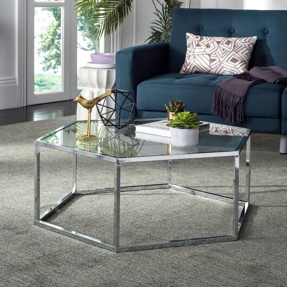 SAFAVIEH Kaycee Glass Chrome Hexagon Coffee Table - 36.2" x 31.5" x 13.8" - 36Wx32Dx14H