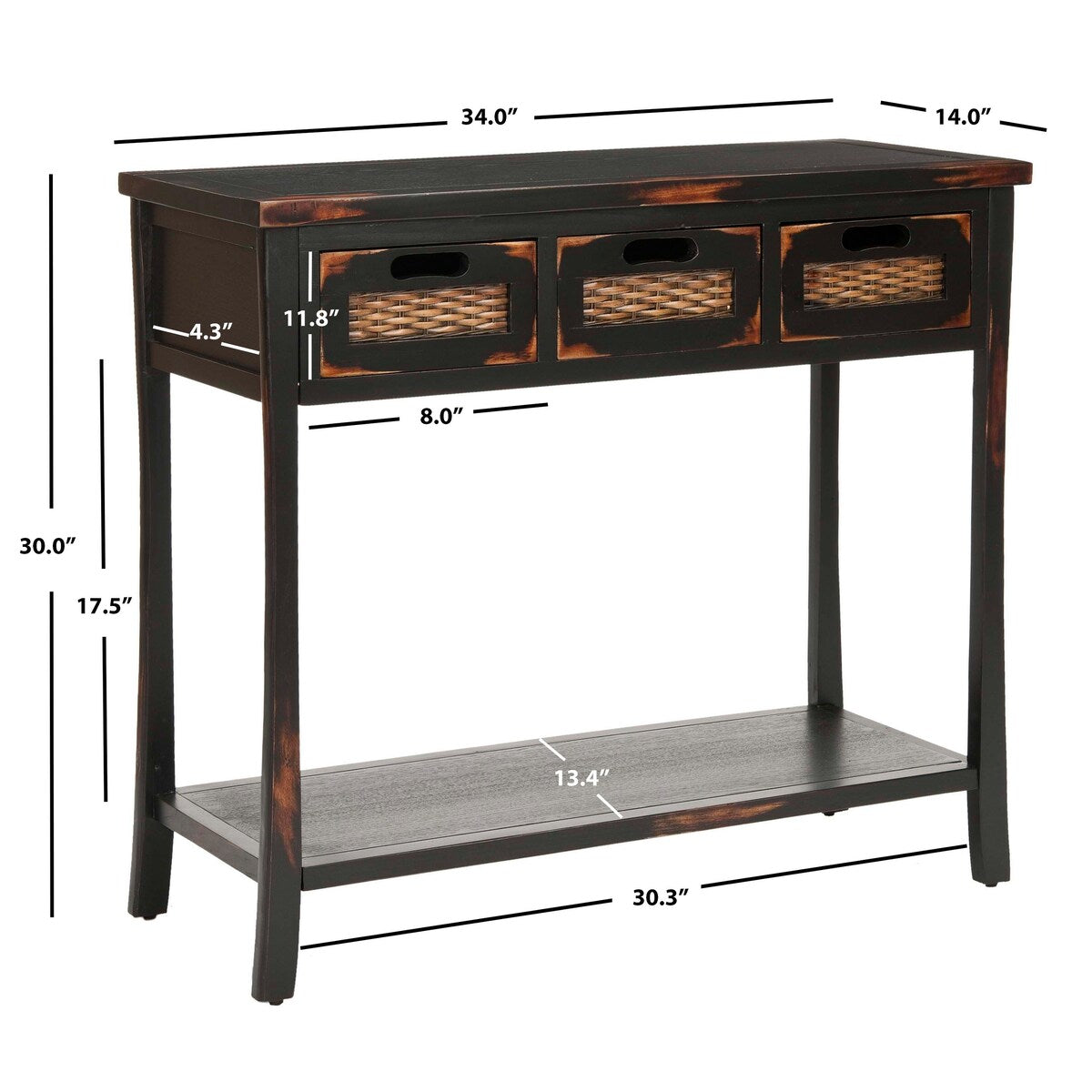 SAFAVIEH Lanie Distressed 3-Drawer Black Console Table - 34" x 14" x 30" - 34Wx14Dx30H