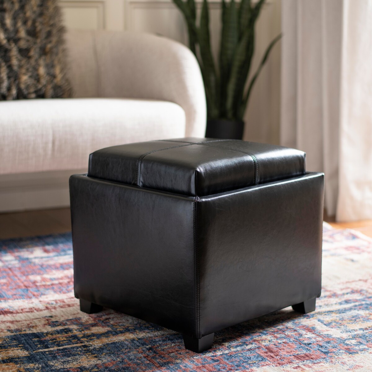 SAFAVIEH Lesia Storage Brown Leather Tray Ottoman