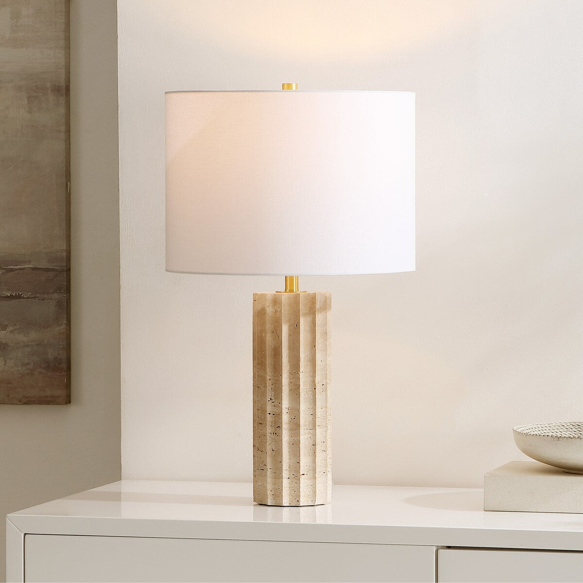 SAFAVIEH Lighting Annedorle Travertine 24-inch Table Lamp (LED Bulb Included) - 14 In. W x 14 In. D x 23.5 In. H - 14Wx14Dx24H