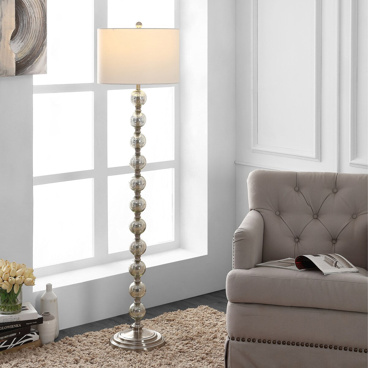 SAFAVIEH Lighting Clydie 60" Floor Lamp - 15" x 15" x 60" - Nickel/Ivory - 15Wx15Dx60H