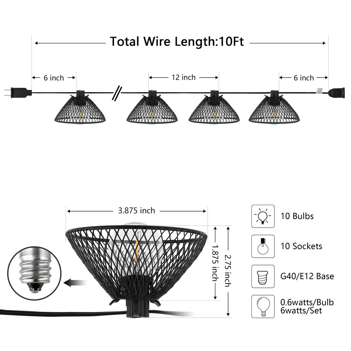 SAFAVIEH Lighting Erjona 10 Ft LED Outdoor String Lights - Black - 120Wx4Dx3H