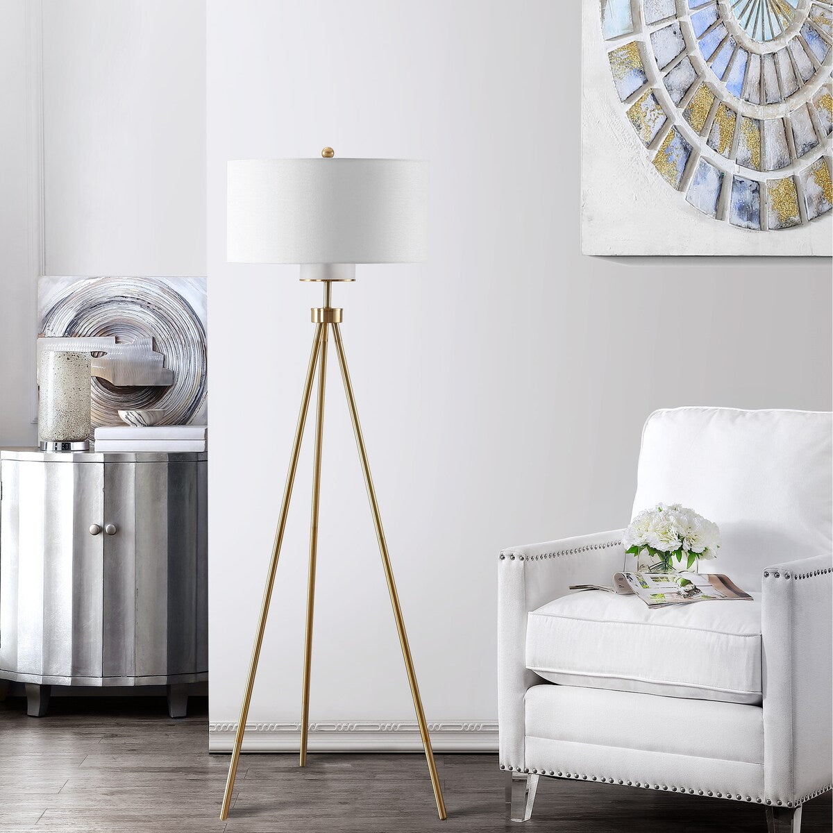 SAFAVIEH Lighting Evelyne 66-inch Tripod Led Floor Lamp - 25" x 25" x 66" - Brass/Gold - 25Wx25Dx66H