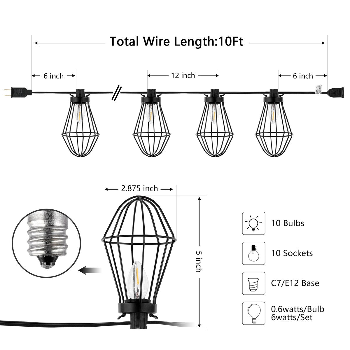 SAFAVIEH Lighting Eyþora 10 Ft LED Outdoor String Lights - Black - 120Wx3Dx5H