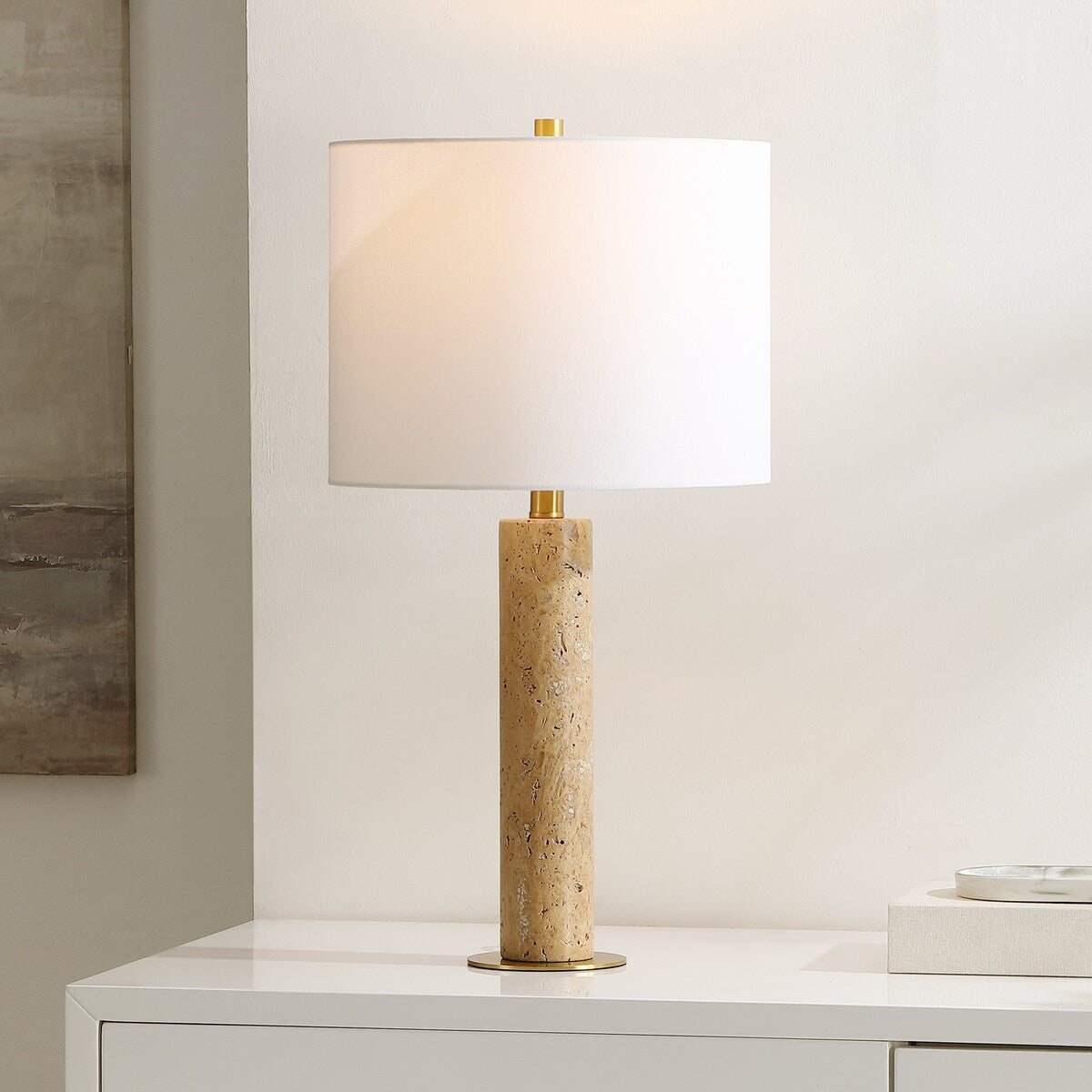 SAFAVIEH Lighting Kaarin Travertine 25-inch Table Lamp (LED Bulb Included) - 13 In. W x 13 In. D x 25 In. H - 13Wx13Dx25H