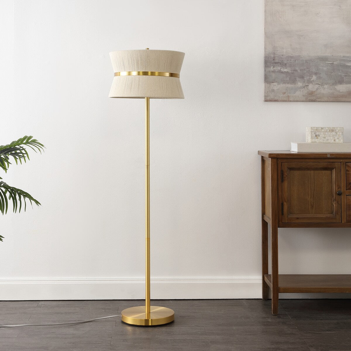 SAFAVIEH Lighting Kora, 2 Light, 63-inch Floor Lamp - Bleached Natural/Brass Gold - 16Wx16Dx63H