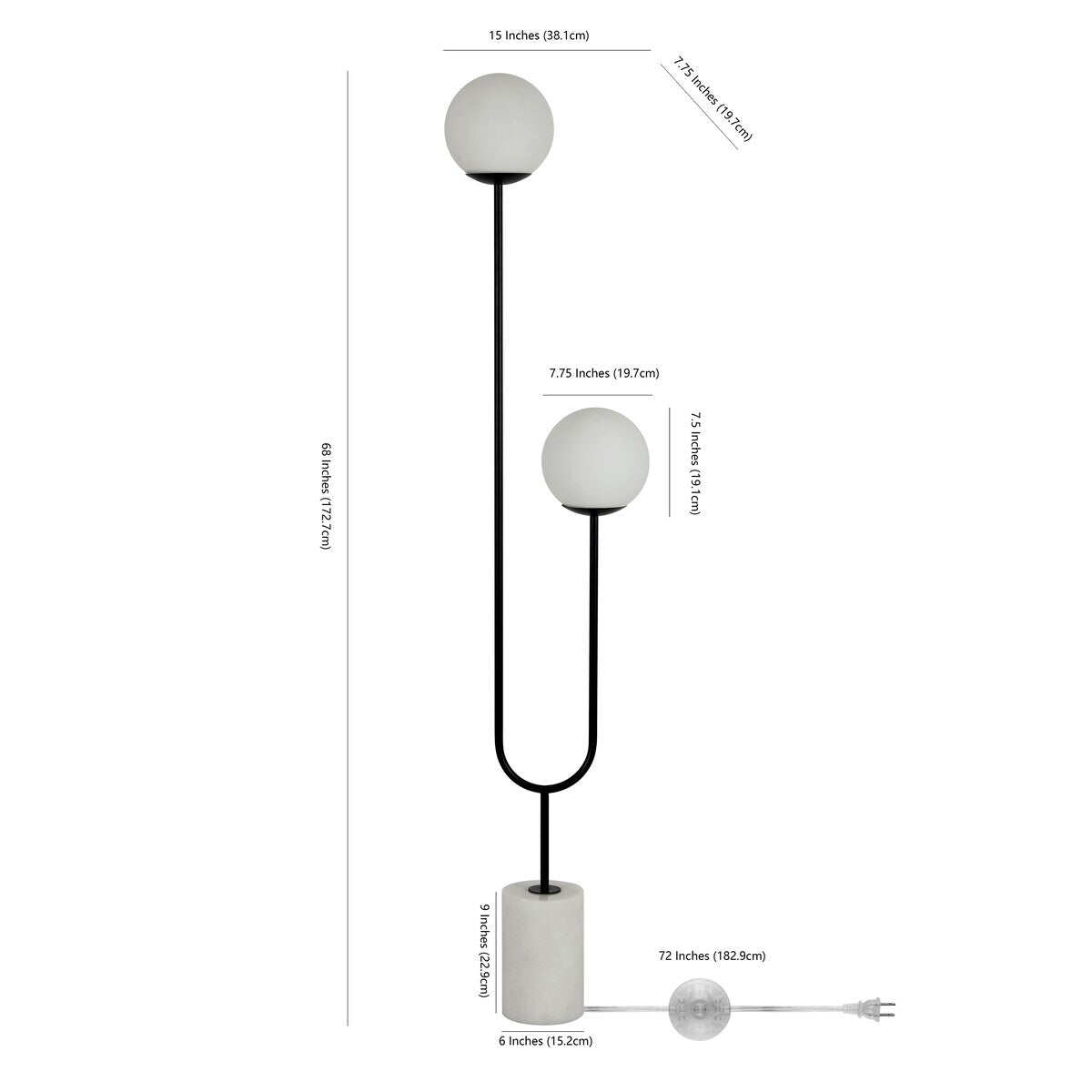 SAFAVIEH Lighting Launa Modern Orb 68-inch 2-Light Floor Lamp - 15" W x 7.75" L x 68" H - Black/White - 15Wx8Dx68H