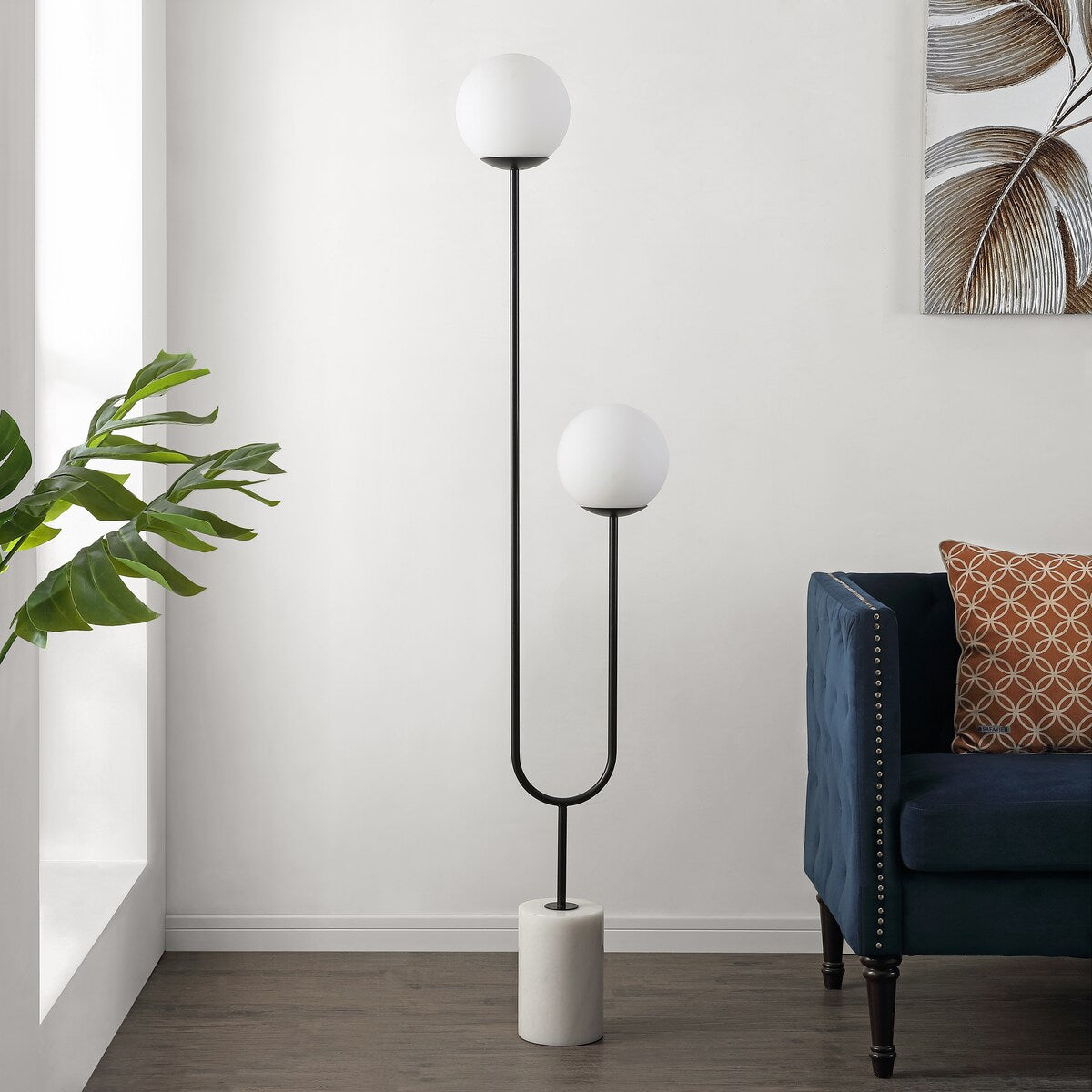 SAFAVIEH Lighting Launa Modern Orb 68-inch 2-Light Floor Lamp - 15" W x 7.75" L x 68" H - Black/White - 15Wx8Dx68H