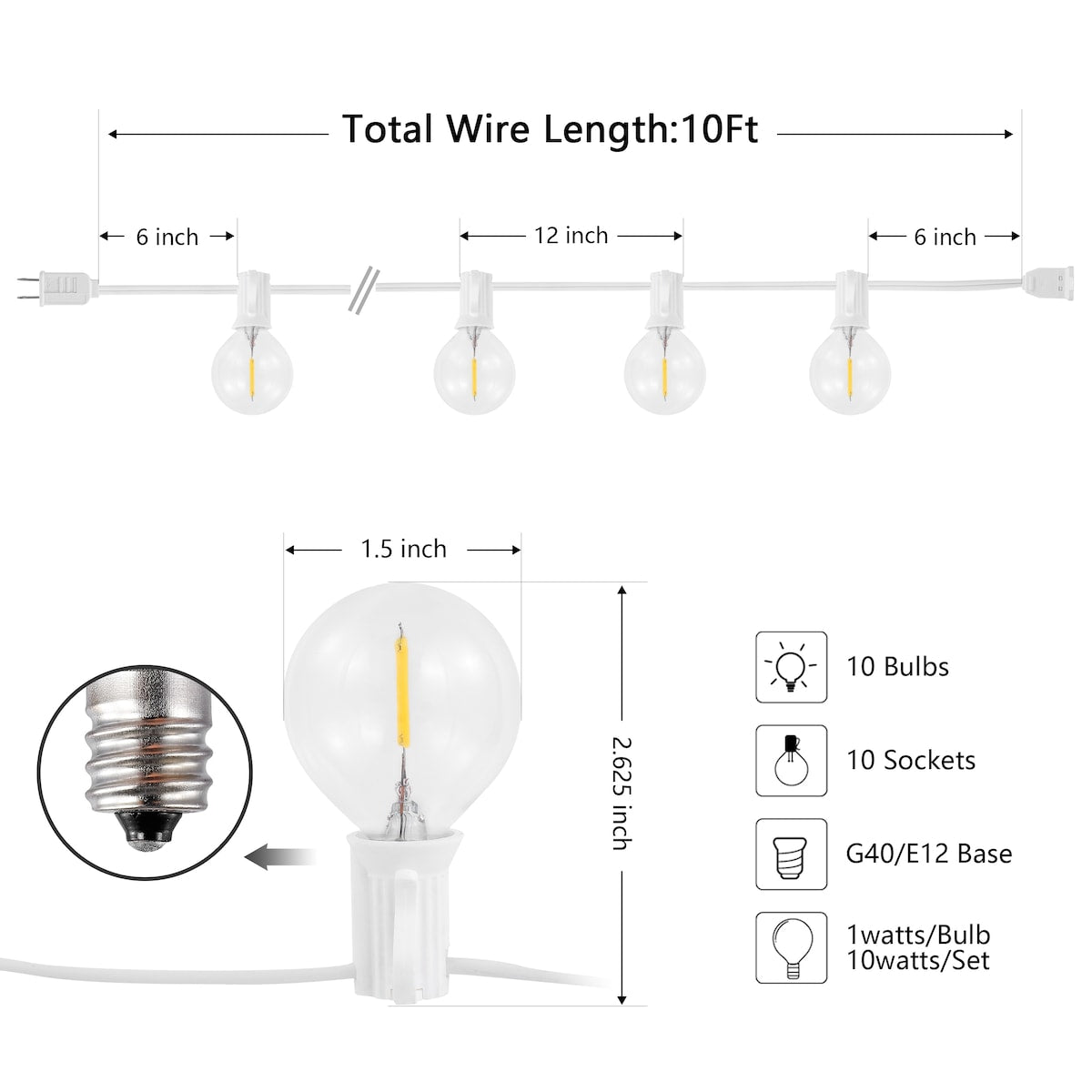 SAFAVIEH Lighting Roelfiene 10 Ft LED Outdoor String Lights - White - 120Wx2Dx3H