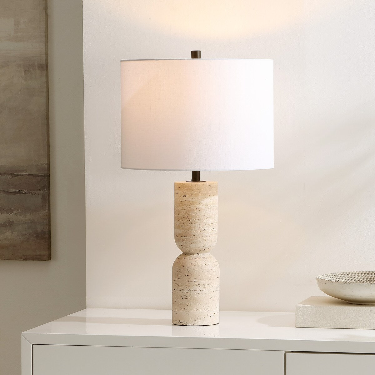 SAFAVIEH Lighting Sayaka Travertine 25-inch Table Lamp (LED Bulb Included) - 14 In. W x 14 x In. D 25.3 In. H - 14Wx14Dx25H