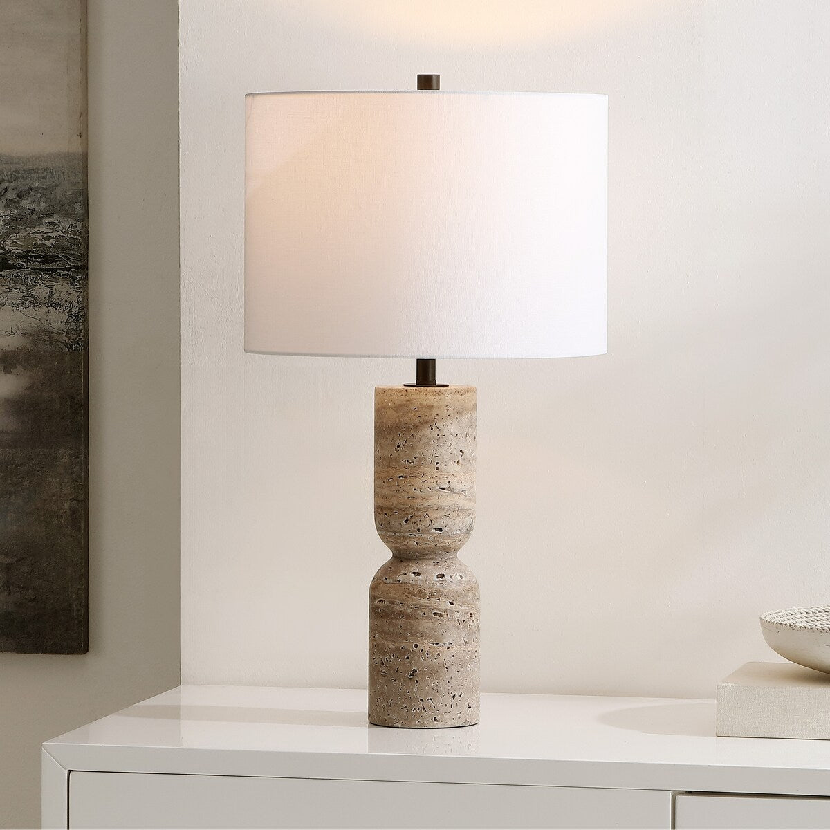 SAFAVIEH Lighting Sayaka Travertine 25-inch Table Lamp (LED Bulb Included) - 14 In. W x 14 x In. D 25.3 In. H - 14Wx14Dx25H