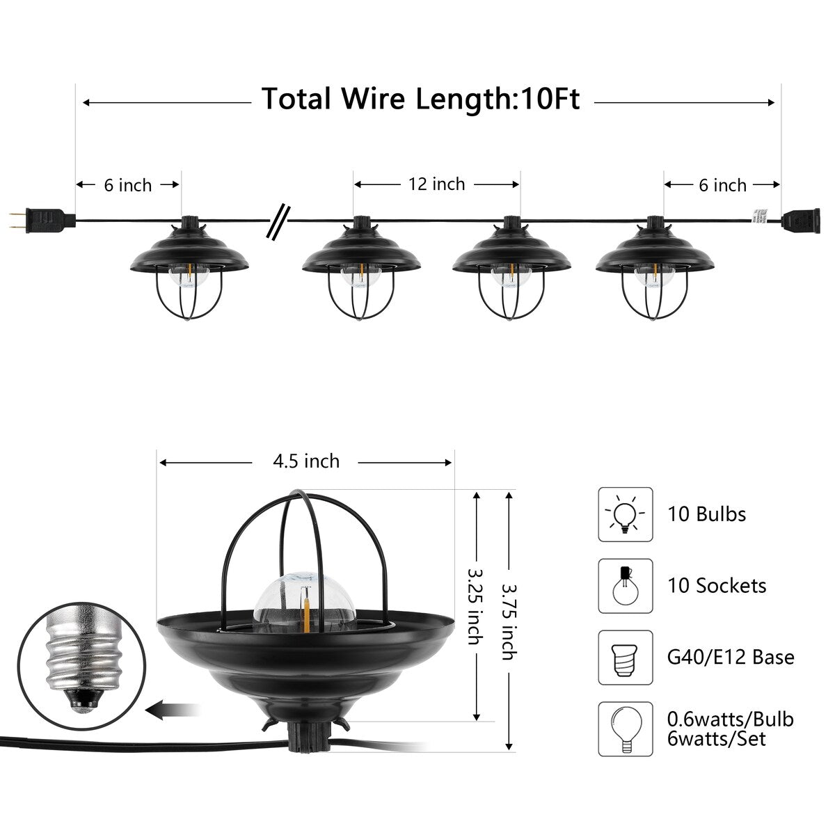 SAFAVIEH Lighting Sumayya 10 Ft LED Outdoor String Lights - Black - 120Wx5Dx4H