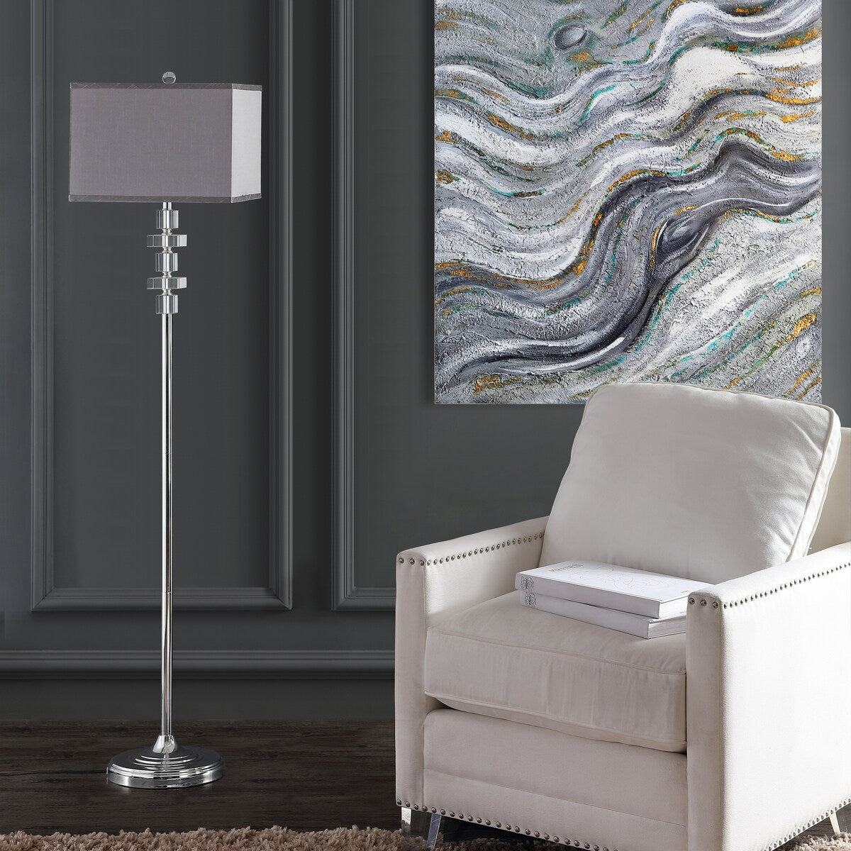 SAFAVIEH Lighting Tamika 60-inch Square Crystal Floor Lamp - 14"x14"x60.5" - Clear/Chrome - 14Wx14Dx61H