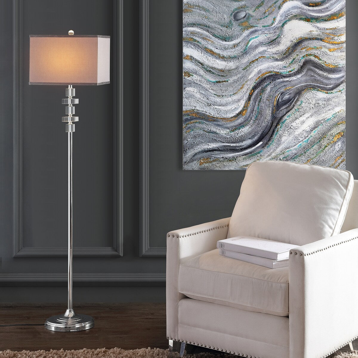 SAFAVIEH Lighting Tamika 60-inch Square Crystal Floor Lamp - 14"x14"x60.5" - Clear/Chrome - 14Wx14Dx61H