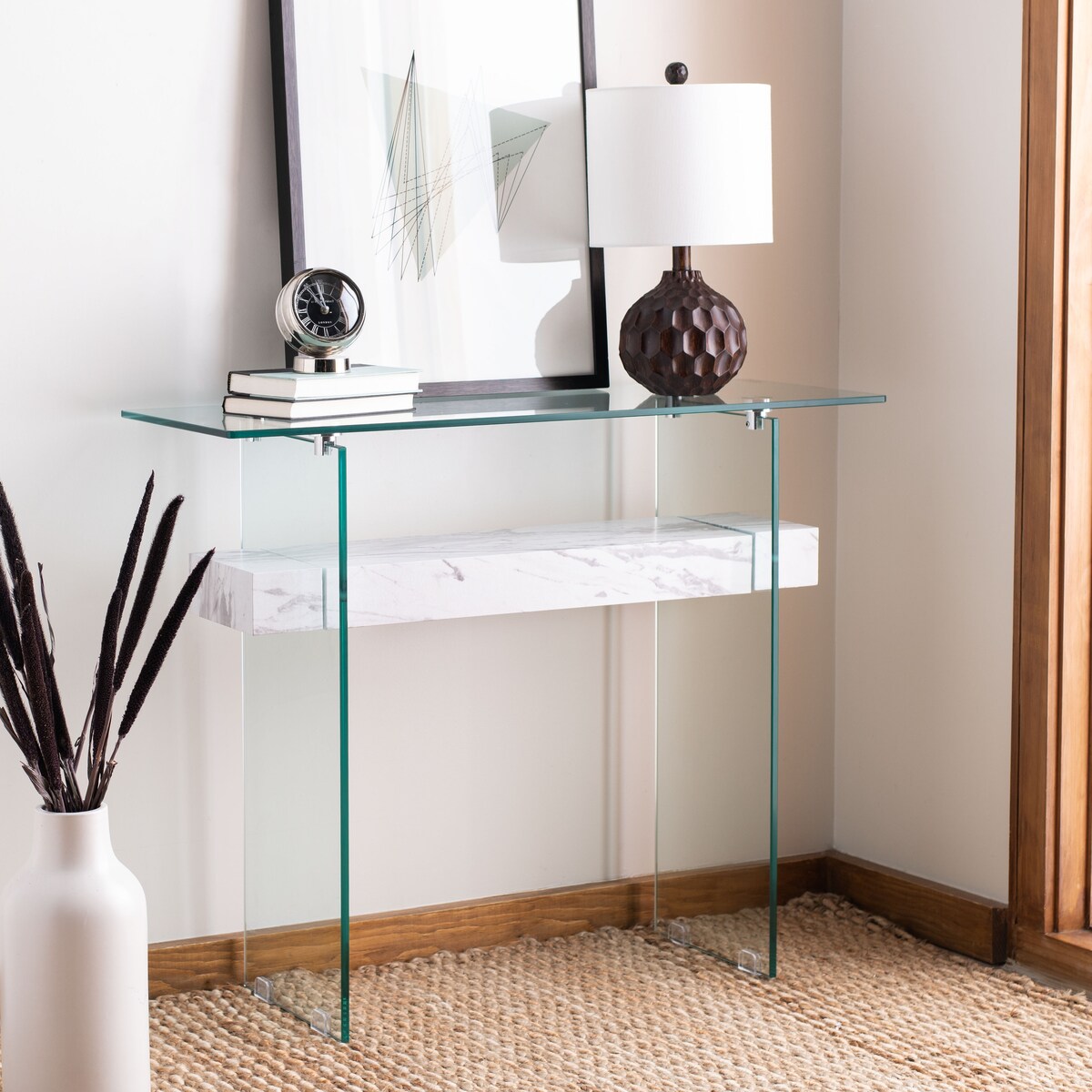 SAFAVIEH Luda Modern Rectangular Natural/ Glass Console Table - 39.4" x 13.8" x 31.5" - 39Wx14Dx32H