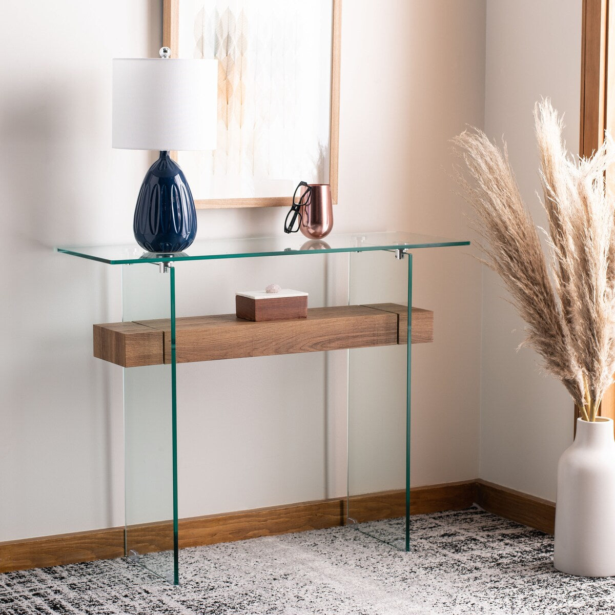 SAFAVIEH Luda Modern Rectangular Natural/ Glass Console Table - 39.4" x 13.8" x 31.5" - 39Wx14Dx32H