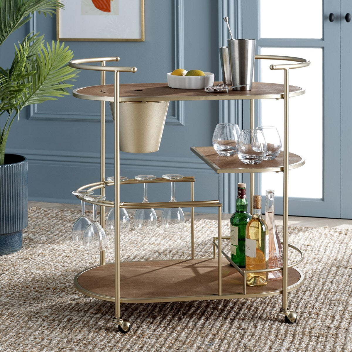 SAFAVIEH Natavan 2-Tier Bar Cart with Bucket - 32 In. W x 18.3 In. D x 34.3 In. H - 32Wx18Dx34H