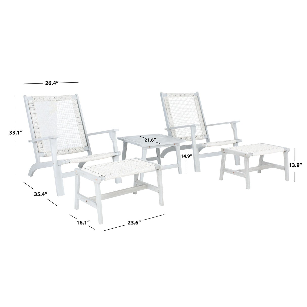 SAFAVIEH Natividad Outdoor Solid Wood Chaise Lounge Chair & Stool Set of 2 (Includes End Table) - 26W x 33D x 35H