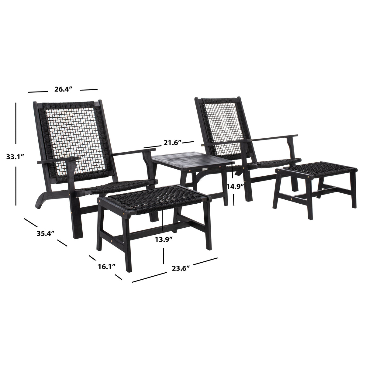 SAFAVIEH Natividad Outdoor Solid Wood Chaise Lounge Chair & Stool Set of 2 (Includes End Table) - 26W x 33D x 35H