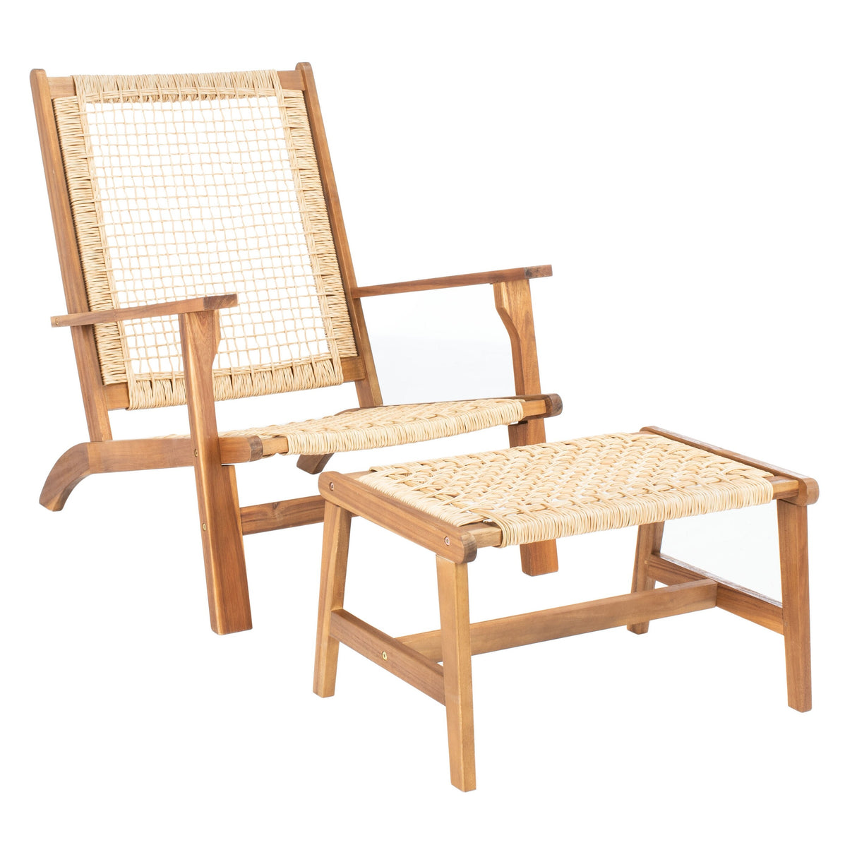 SAFAVIEH Natividad Outdoor Solid Wood Chaise Lounge Chair & Stool Set of 2 (Includes End Table) - 26W x 33D x 35H