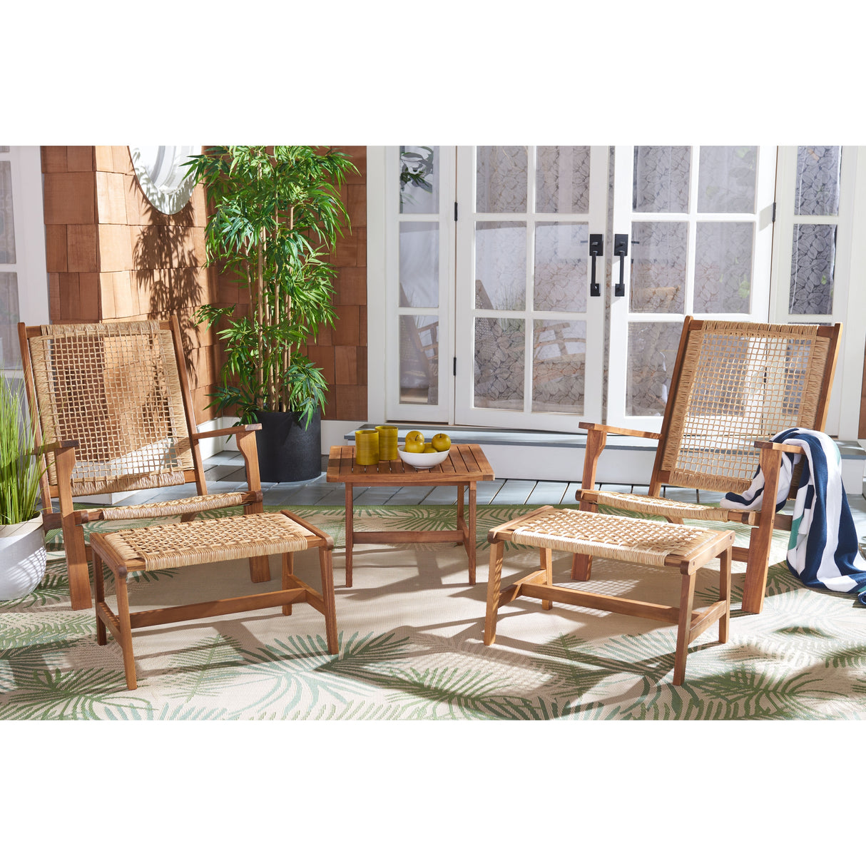 SAFAVIEH Natividad Outdoor Solid Wood Chaise Lounge Chair & Stool Set of 2 (Includes End Table) - 26W x 33D x 35H