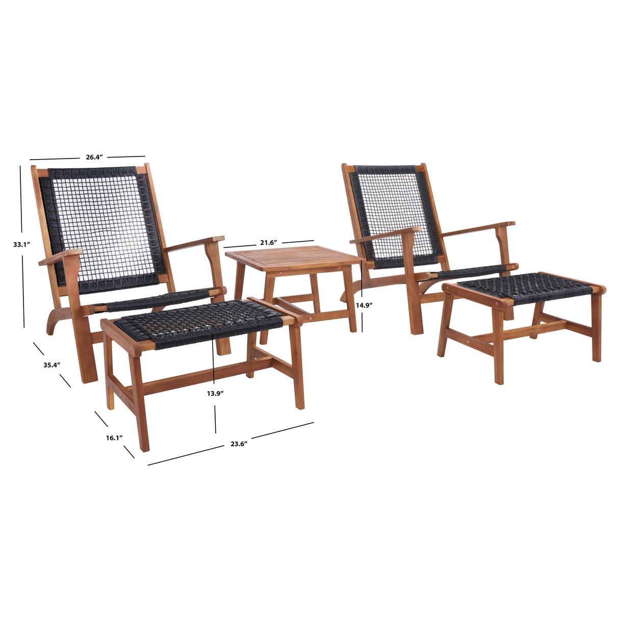 SAFAVIEH Natividad Outdoor Solid Wood Chaise Lounge Chair & Stool Set of 2 (Includes End Table) - 26W x 33D x 35H