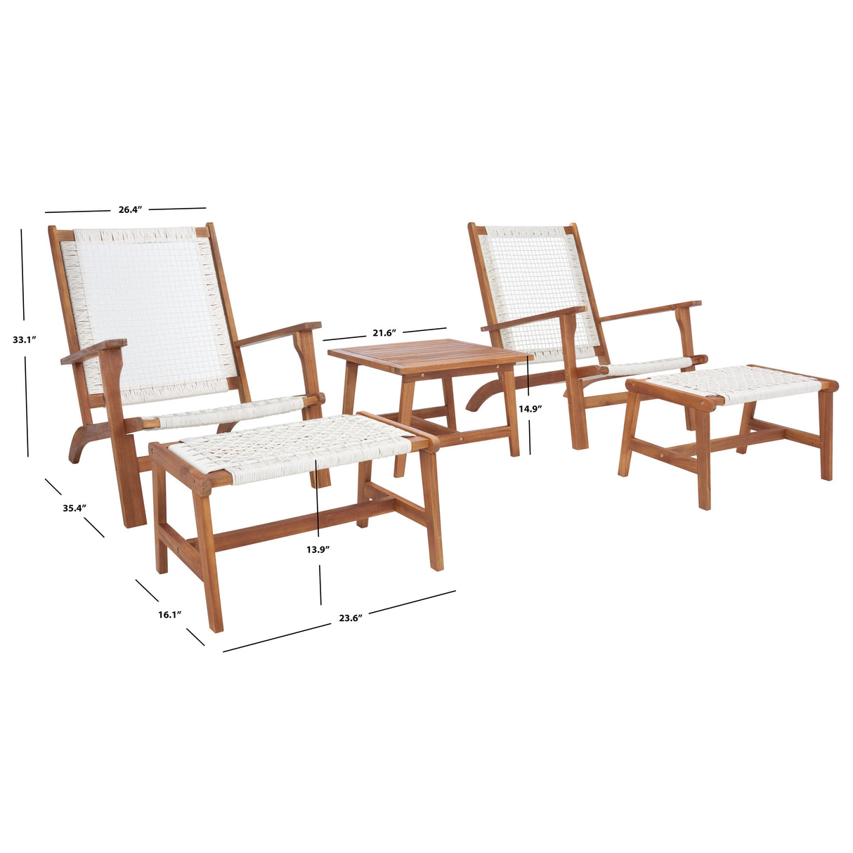 SAFAVIEH Natividad Outdoor Solid Wood Chaise Lounge Chair & Stool Set of 2 (Includes End Table) - 26W x 33D x 35H