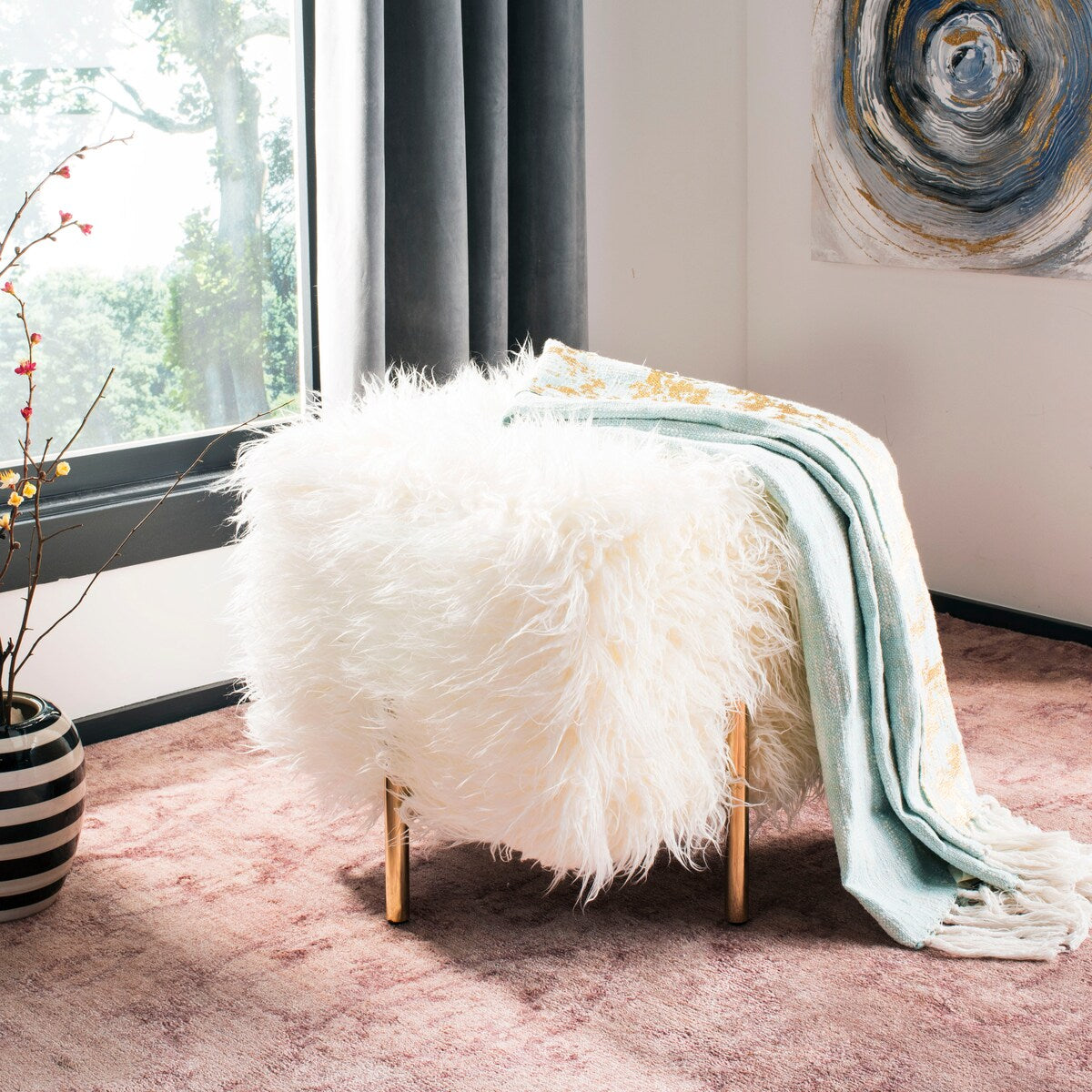 SAFAVIEH Olegaria White/ Brass Faux Fur Square Glam Ottoman