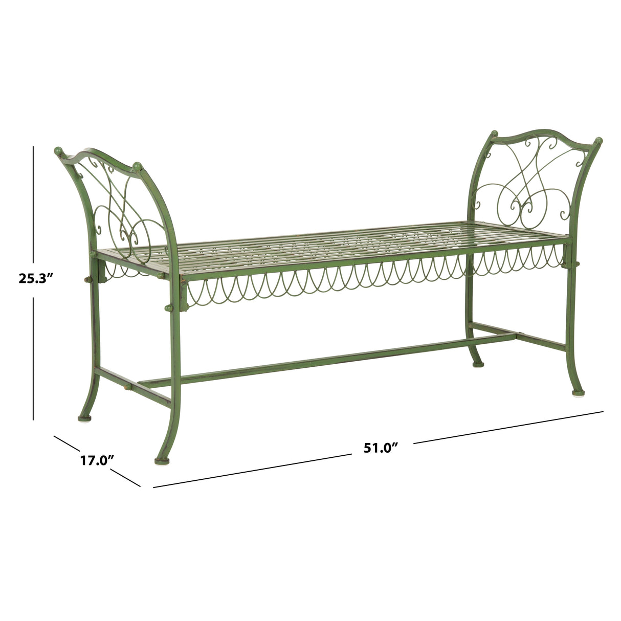 SAFAVIEH Outdoor Abagail Green Wrought Iron Garden Bench - 51" x 17" x 25.3" - 51Wx16Dx27H