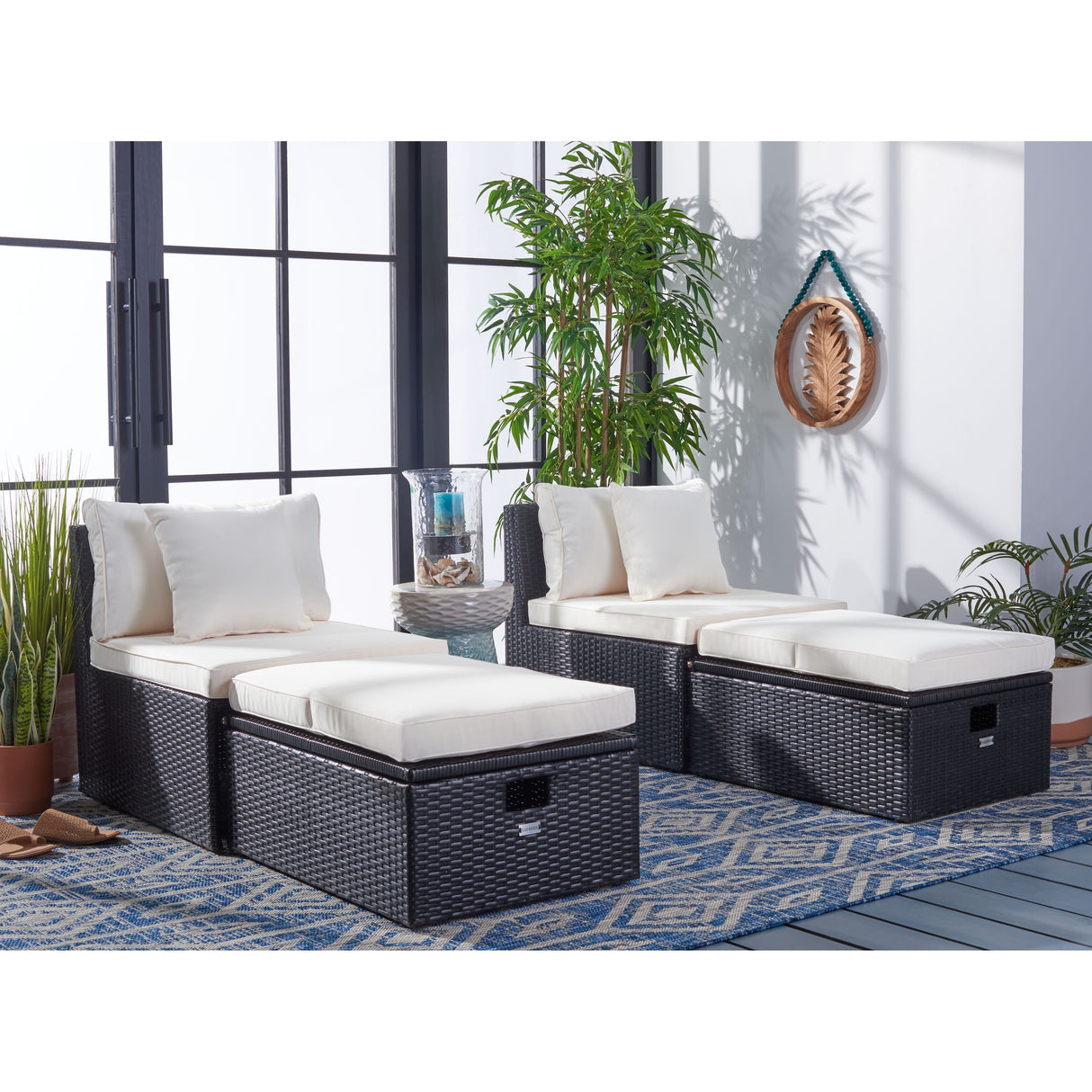 SAFAVIEH Outdoor Algrid Settee with Storage Ottomans (Set of 2) - 29Wx23Dx25H