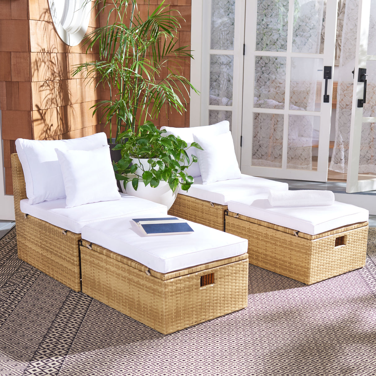 SAFAVIEH Outdoor Algrid Settee with Storage Ottomans (Set of 2) - 29Wx23Dx25H