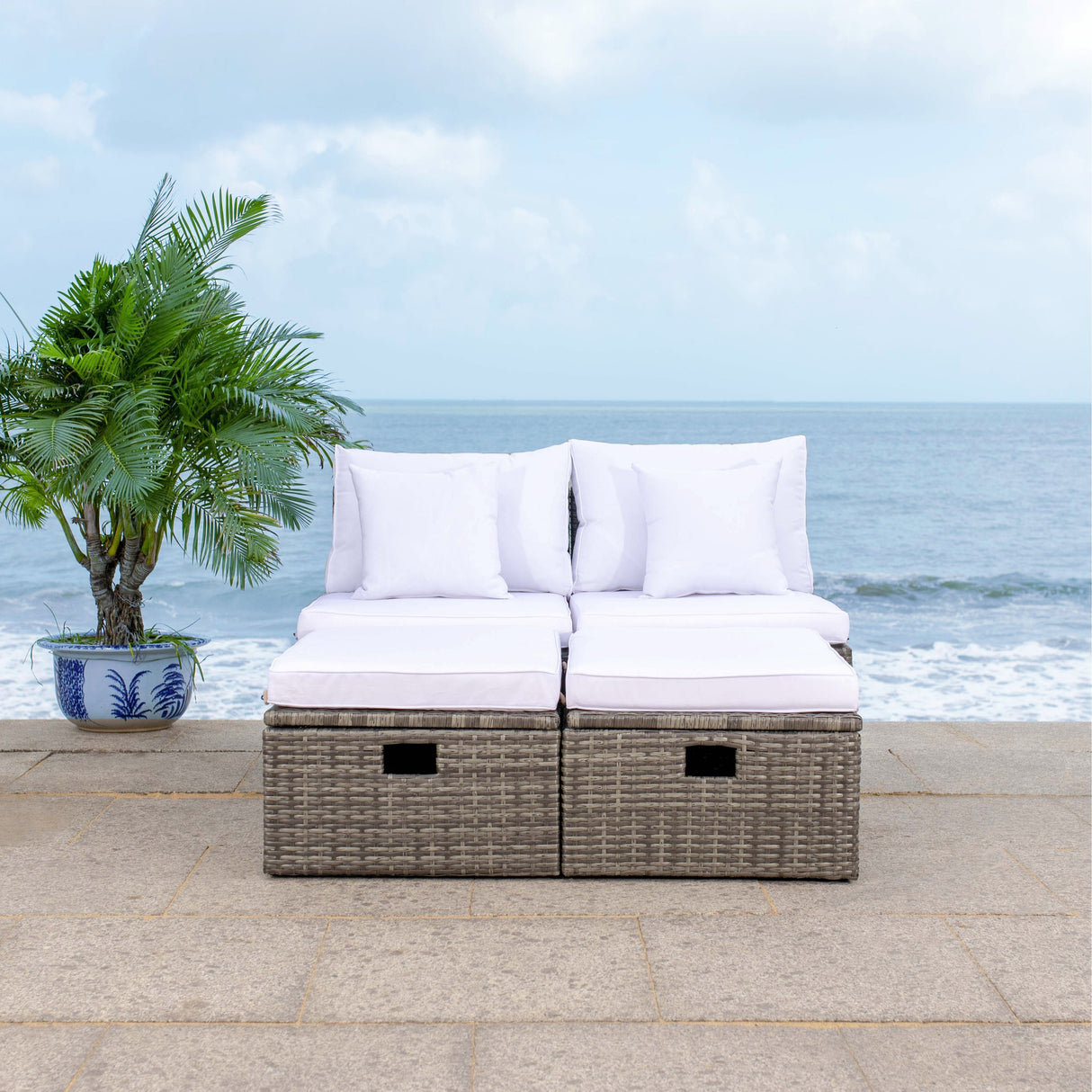 SAFAVIEH Outdoor Algrid Settee with Storage Ottomans (Set of 2) - 29Wx23Dx25H