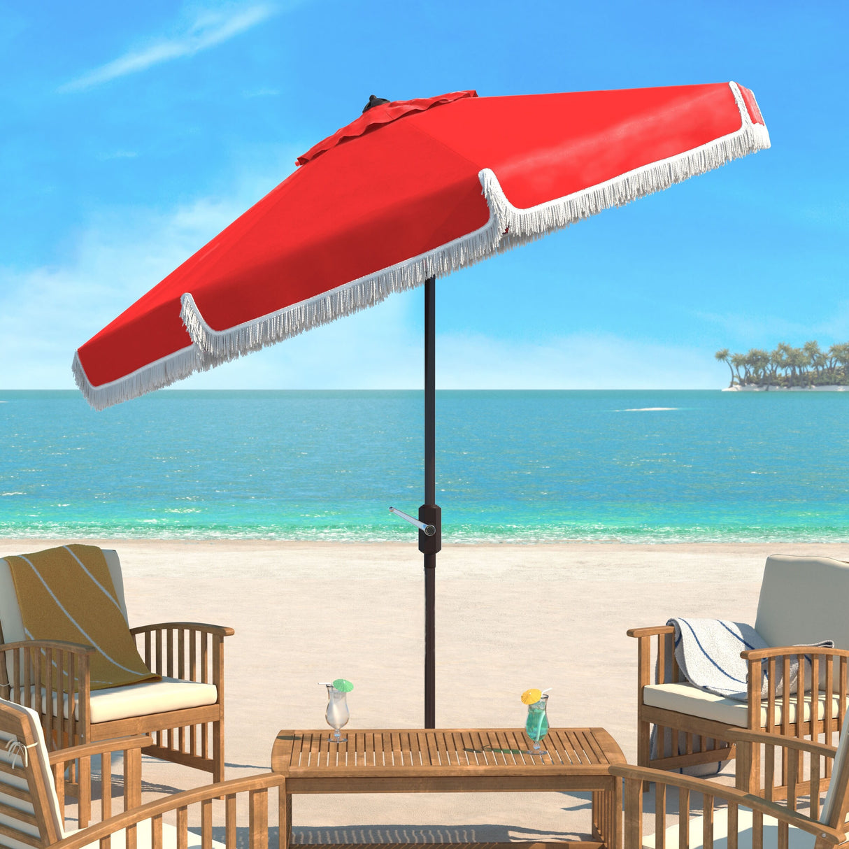 SAFAVIEH Outdoor Dima Fringe 11Ft Round Crank Umbrella