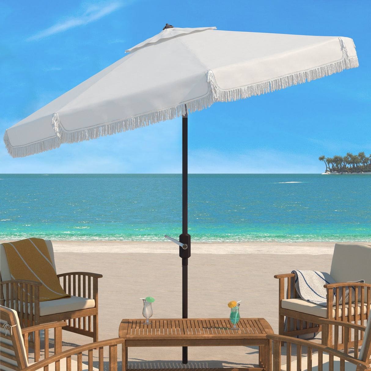 SAFAVIEH Outdoor Dima Fringe 11Ft Round Crank Umbrella