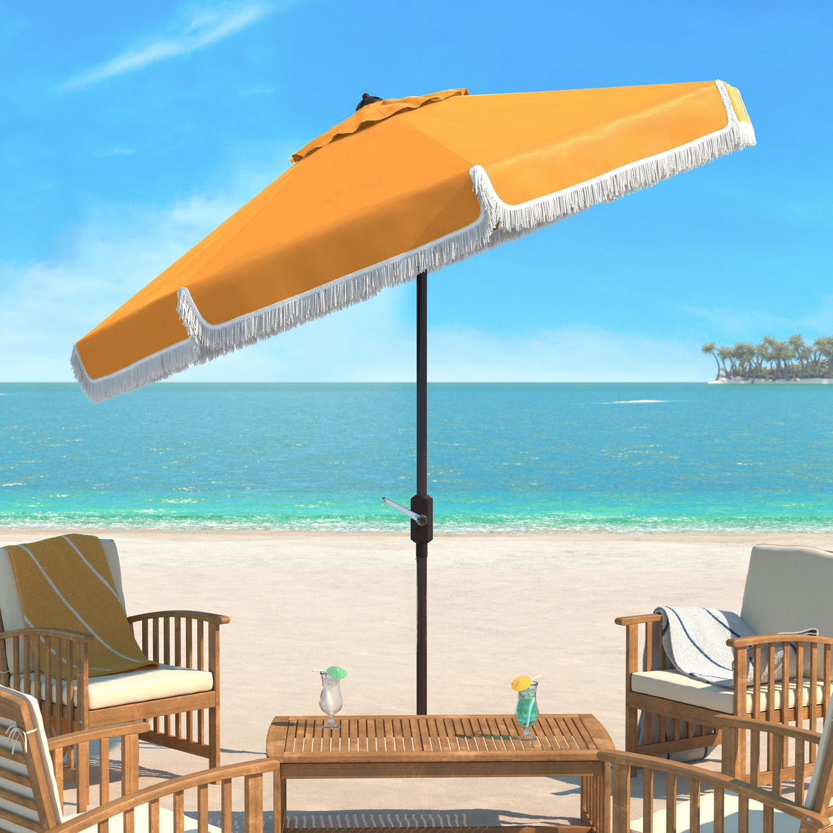 SAFAVIEH Outdoor Dima Fringe 11Ft Round Crank Umbrella