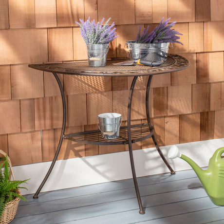 SAFAVIEH Outdoor Jaquelin Victorian Iron 2-Tier End Table - 39" W x 21" D x 32" H - 39Wx21Dx32H