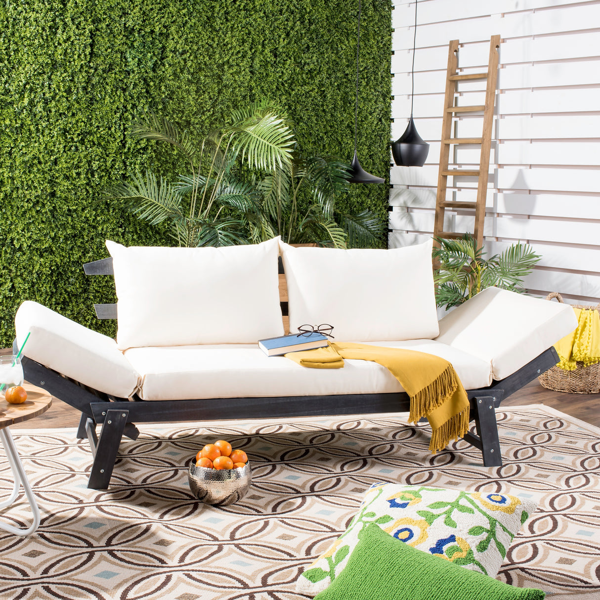 SAFAVIEH Outdoor Keira Solid Wood Covertible Daybed with Cushions - 82W x 30D x 29H