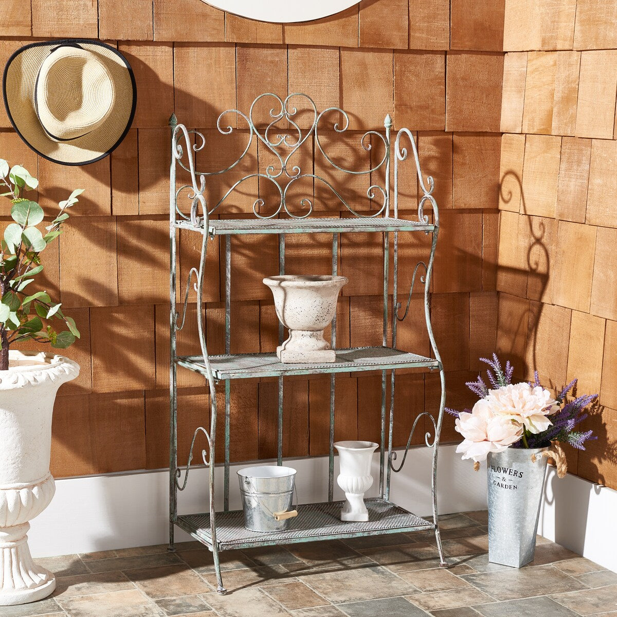 SAFAVIEH Outdoor Litzy Victorian Iron 3-Tier Shelf - 22.0" W x 14.2" L x 42.5" H