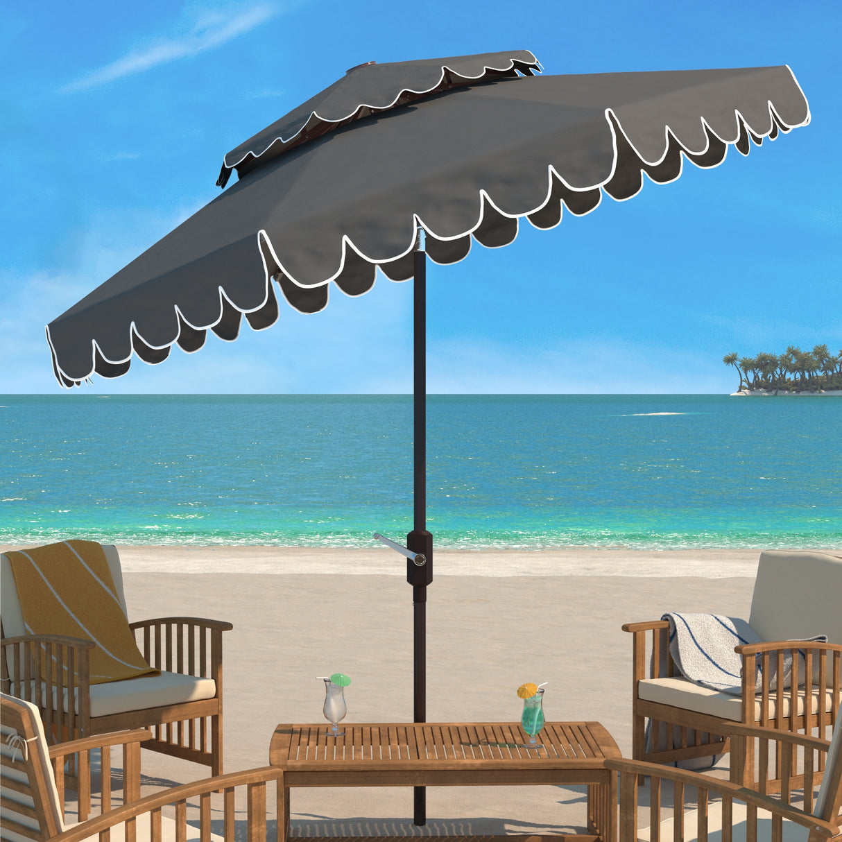 SAFAVIEH Outdoor Månika 9Ft Round Double Top Crank Umbrella