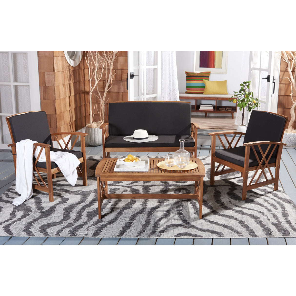 SAFAVIEH Outdoor Nayely 4-Piece Acacia Solid Wood Conversation Patio Set - 47W x 33D x 26H