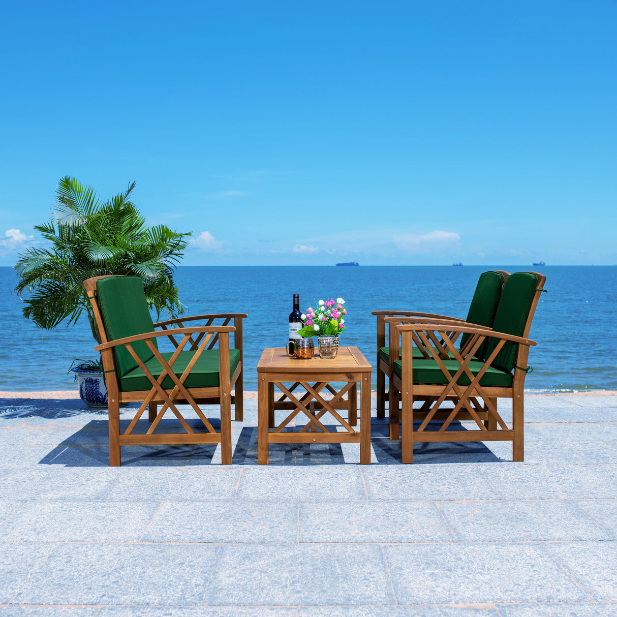 SAFAVIEH Outdoor Nayely 4-Piece Acacia Solid Wood Conversation Patio Set - 47W x 33D x 26H