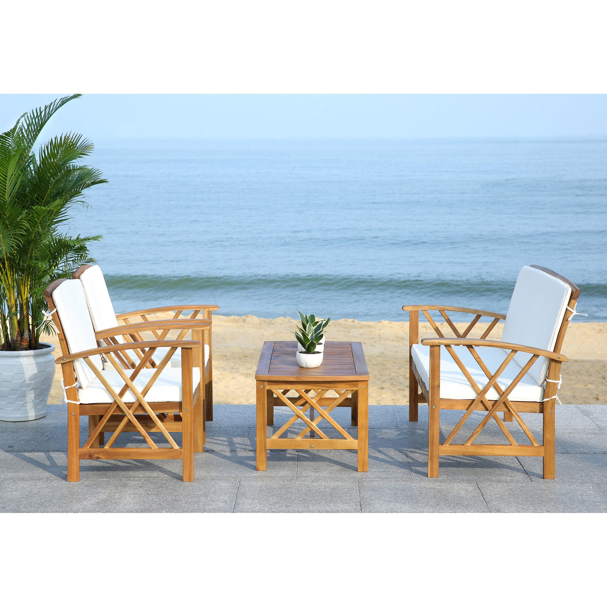 SAFAVIEH Outdoor Nayely 4-Piece Acacia Solid Wood Conversation Patio Set - 47W x 33D x 26H