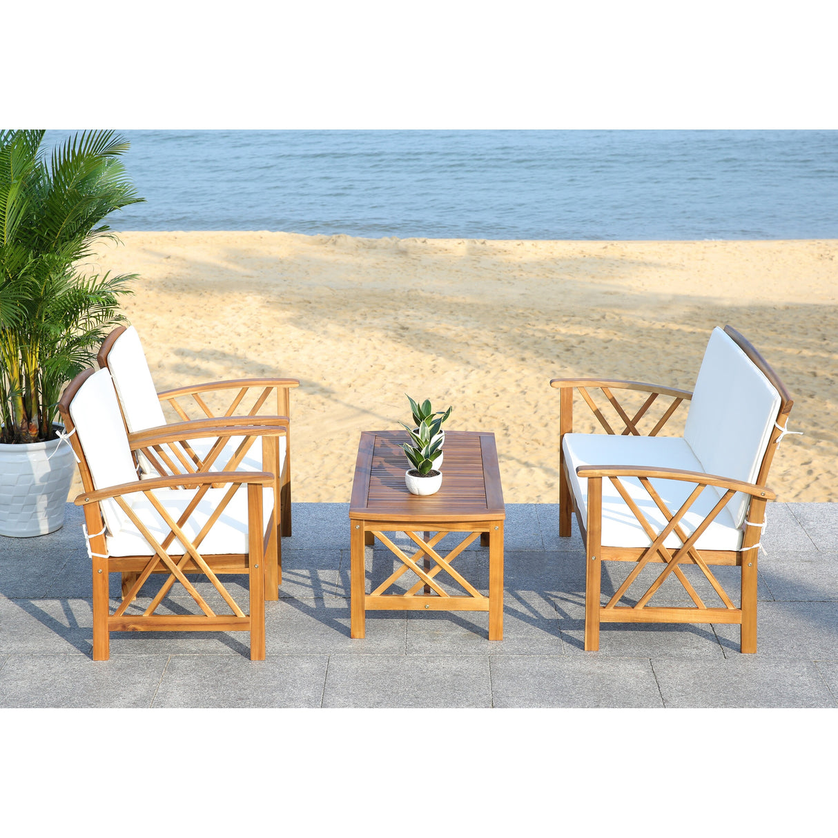 SAFAVIEH Outdoor Nayely 4-Piece Acacia Solid Wood Conversation Patio Set - 47W x 33D x 26H