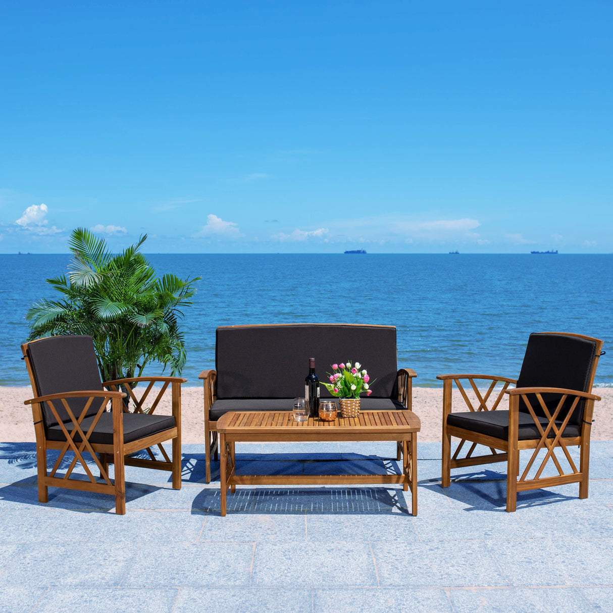 SAFAVIEH Outdoor Nayely 4-Piece Acacia Solid Wood Conversation Patio Set - 47W x 33D x 26H