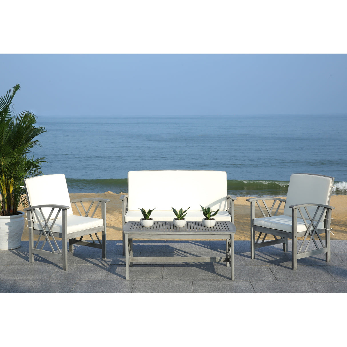 SAFAVIEH Outdoor Nayely 4-Piece Acacia Solid Wood Conversation Patio Set - 47W x 33D x 26H