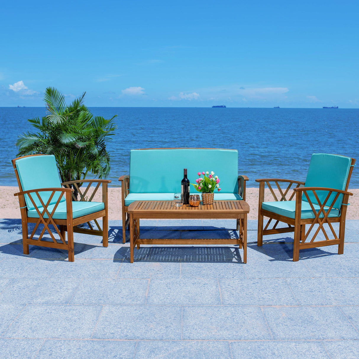 SAFAVIEH Outdoor Nayely 4-Piece Acacia Solid Wood Conversation Patio Set - 47W x 33D x 26H