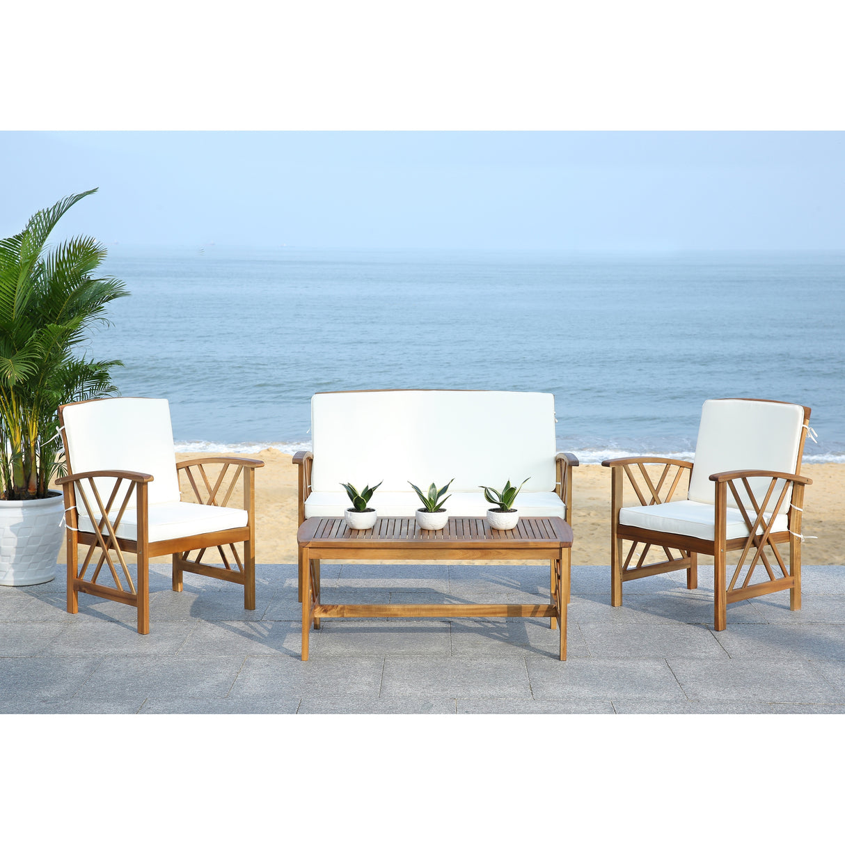 SAFAVIEH Outdoor Nayely 4-Piece Acacia Solid Wood Conversation Patio Set - 47W x 33D x 26H