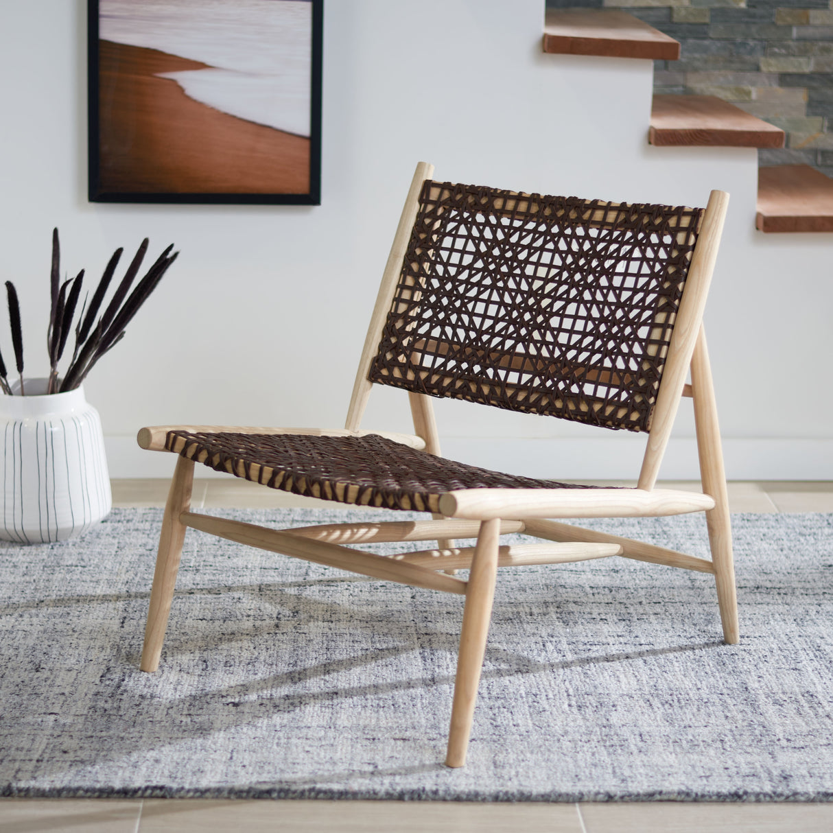 SAFAVIEH Queenie Bandelier Open Leather Weave Squared Accent Chair - 26" W x 32" D x 31" H - 26Wx31Dx31H