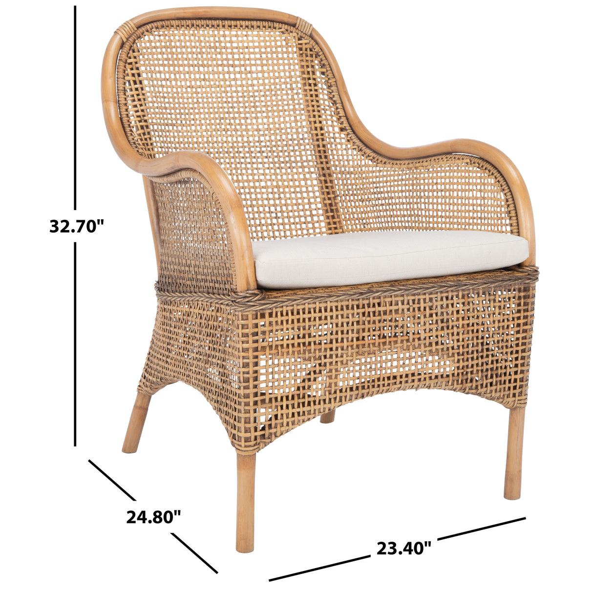 SAFAVIEH Rosalia Coastal Rattan Accent Chair with Cushion - 23.4" W x 24.8" L x 32.7" H - 23Wx25Dx33H